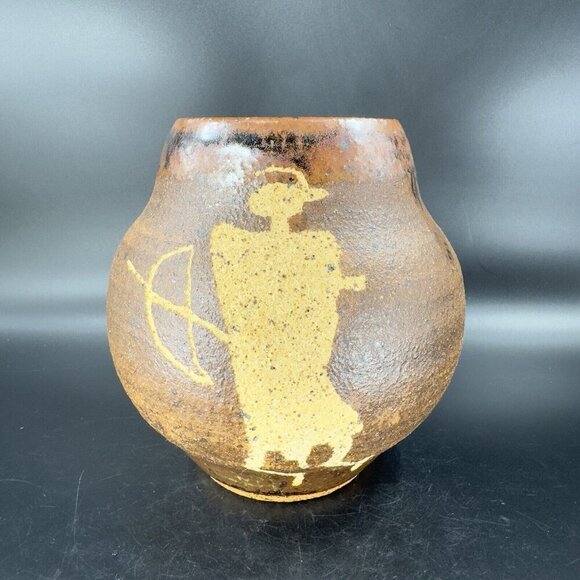 1997 Hand Made Primitive Style Pottery Vase Vessel Carved Brown Drip Glaze Vase - Picture 13 of 16